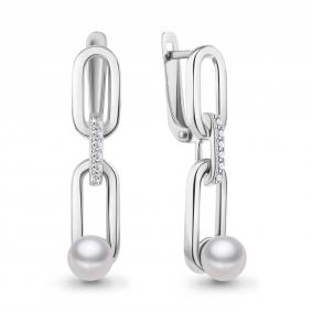 Серебряные серьги AQUAMARINE А401067А с фианитом и жемчугом А401067А фото
