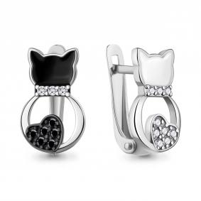 Серебряные серьги AQUAMARINE А401096АЧ с фианитом, эмалью и ювелирным кристаллом А401096АЧ фото