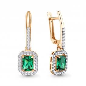 Серьги из золочёного серебра AQUAMARINE А401173АГ-п с фианитом и гидротермальным изумрудом А401173АГ-п фото