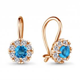 Серьги из золочёного серебра AQUAMARINE А40965Б-п с фианитом и ювелирным кристаллом А40965Б-п фото