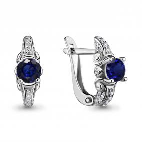 Серебряные серьги AQUAMARINE А42968Б с фианитом и гидротермальным сапфиром А42968Б фото