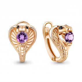 Серьги из золоченого серебра Символ года Змея AQUAMARINE с аметистом и ювелирным кристаллом А4320004Ч-п А4320004Ч-п фото