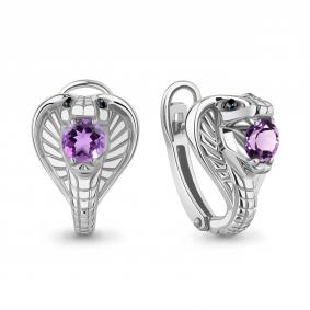 Серебряные серьги Символ года Змея AQUAMARINE с аметистом и ювеклирным кристаллом А4320004Ч А4320004Ч фото