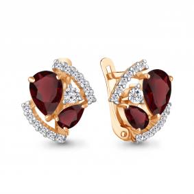 Серьги из золочёного серебра AQUAMARINE А4320803А-п с фианитом и гранатом А4320803А-п фото