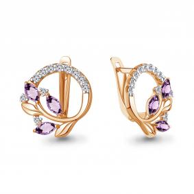 Серьги из золочёного серебра AQUAMARINE А4329204А-п с фианитом и аметистом А4329204А-п фото
