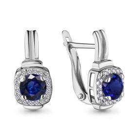 Серебряные серьги AQUAMARINE А43422АБ с фианитом и гидротермальным сапфиром А43422АБ фото