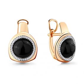 Серьги из золочёного серебра AQUAMARINE А4449117А-п с фианитом и ониксом А4449117А-п фото