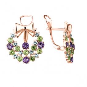 Серьги из золочёного серебра AQUAMARINE А4450602-п с топазом, аметистом и хризолитом А4450602-п фото