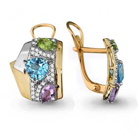 Серьги из золочёного серебра AQUAMARINE А4454405А-пк с топазом, фианитом, аметистом и хризолитом А4454405А-пк фото