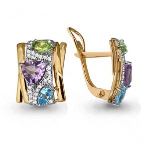 Серьги из золочёного серебра AQUAMARINE А4454504А-п с топазом, фианитом, аметистом и хризолитом А4454504А-п фото