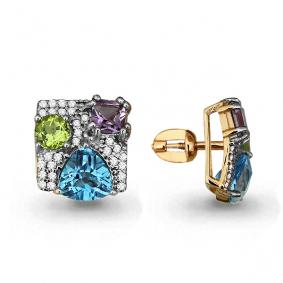 Серьги из золочёного серебра AQUAMARINE А4455505А-п с топазом, фианитом, аметистом и хризолитом А4455505А-п фото