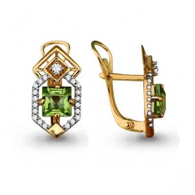 Серьги из золочёного серебра AQUAMARINE А4456207А-п с фианитом и хризолитом А4456207А-п фото