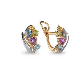 Серьги из золочёного серебра AQUAMARINE А4463040-пк с топазом, аметистом и хризолитом А4463040-пк фото
