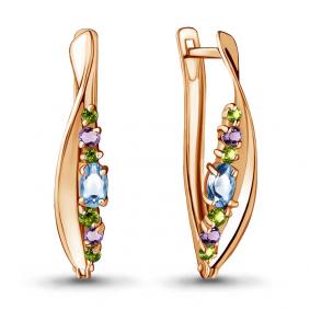 Серьги из золочёного серебра AQUAMARINE А4466140-п с топазом, аметистом, хризолитом и миксом камней А4466140-п фото