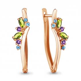 Серьги из золочёного серебра AQUAMARINE А4466740-п с топазом, аметистом и хризолитом А4466740-п фото