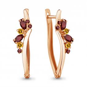 Серьги из золочёного серебра AQUAMARINE А4466747-п с цитрином, гранатом и раухтопазом А4466747-п фото