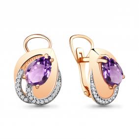 Серьги из золочёного серебра AQUAMARINE А4478704А-п с фианитом и аметистом А4478704А-п фото