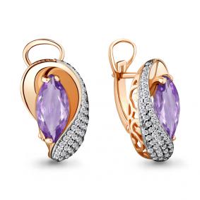 Серьги из золочёного серебра AQUAMARINE А4478904А-п с фианитом и аметистом А4478904А-п фото