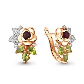 Серьги из золочёного серебра AQUAMARINE А4487733А-п с фианитом, хризолитом, гранатом и миксом камней А4487733А-п фото