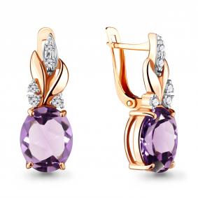 Серьги из золочёного серебра AQUAMARINE А4492004А-п с фианитом и аметистом А4492004А-п фото