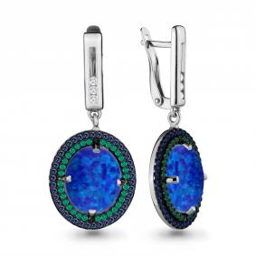 Серебряные серьги AQUAMARINE А4498595БГ с фианитом, опалом, гидротермальным сапфиром и гидротермальным изумрудом А4498595БГ фото