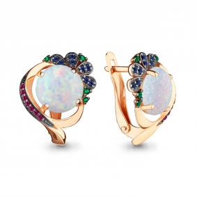 Серьги из золочёного серебра AQUAMARINE А4499898ВБГ-п с опалом, гидротермальным сапфиром, гидротермальным изумрудом и турмалином А4499898ВБГ-п фото