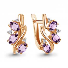 Серьги из золочёного серебра AQUAMARINE А45004204А-п с фианитом и аметистом А45004204А-п фото