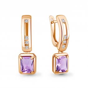 Серьги из золочёного серебра AQUAMARINE А45011404-п с фианитом и аметистом А45011404-п фото