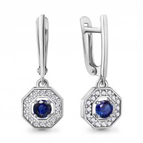 Серебряные серьги AQUAMARINE А450124АБ с фианитом и гидротермальным сапфиром А450124АБ фото