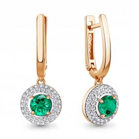Серьги из золочёного серебра AQUAMARINE А450132АГ-п с фианитом и гидротермальным изумрудом А450132АГ-п фото