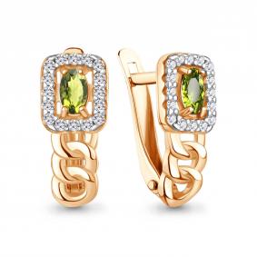 Серьги из золочёного серебра AQUAMARINE А45013607А-п с фианитом и хризолитом А45013607А-п фото