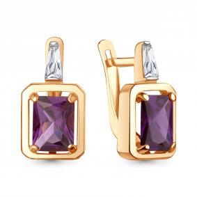 Серьги из золочёного серебра AQUAMARINE А45015284-п с фианитом и аметистом А45015284-п фото