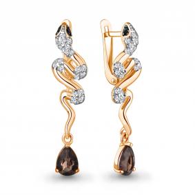 Серьги Символ года Змея из золоченого серебра AQUAMARINE с кварцем,фианитом и ювелирным кристаллом А45018001АЧ-п А45018001АЧ-п фото