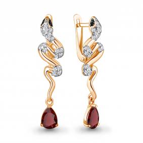 Серьги Символ года Змея из золоченого серебра AQUAMARINE с гранатом,фианитом и ювелирным кристаллом А45018003АЧ-п А45018003АЧ-п фото