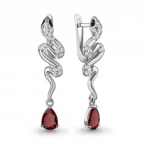 Серебряные серьги Символ года Змея AQUAMARINE с фианитом,гранатом и ювелирным кристаллом А45018003АЧ А45018003АЧ фото