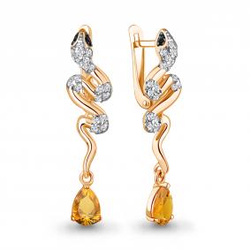 Серьги Символ года Змея из золоченого серебра AQUAMARINE с фианитом,цитрином и ювелирным кристаллом А45018006АЧ-п А45018006АЧ-п фото