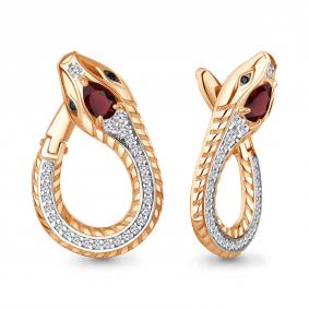 Серебряные серьги Символ года Змея AQUAMARINE с гранатом, фианитом и ювелирным кристаллом А45018903АЧ-п А45018903АЧ-п фото
