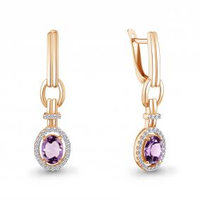 Серьги из золочёного серебра AQUAMARINE А45026204А-п с фианитом и аметистом А45026204А-п фото