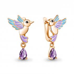Серьги из золочёного серебра AQUAMARINE А45026704Ч-п с аметистом, эмалью и ювелирным кристаллом А45026704Ч-п фото
