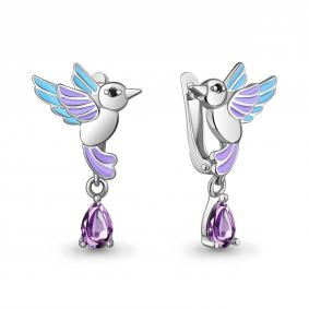 Серебряные серьги AQUAMARINE А45026704Ч с аметистом, эмалью и ювелирным кристаллом А45026704Ч фото