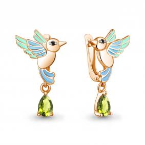 Серьги из золочёного серебра AQUAMARINE А45026707Ч-п с хризолитом, эмалью и ювелирным кристаллом А45026707Ч-п фото
