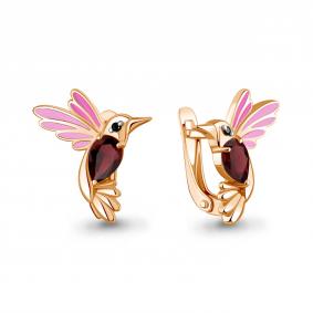 Серьги из золочёного серебра AQUAMARINE А45026803Ч-п с гранатом, эмалью и ювелирным кристаллом А45026803Ч-п фото