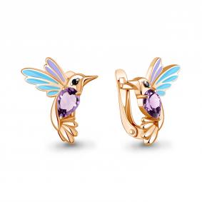 Серьги из золочёного серебра AQUAMARINE А45026804Ч-п с аметистом, эмалью и ювелирным кристаллом А45026804Ч-п фото