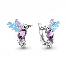 Серебряные серьги AQUAMARINE А45026804Ч с аметистом, эмалью и ювелирным кристаллом А45026804Ч фото