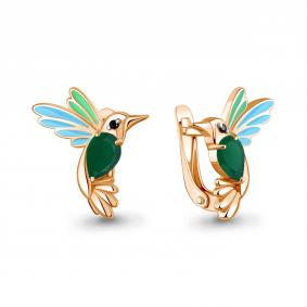 Серьги из золочёного серебра AQUAMARINE А45026809Ч-п с агатом, эмалью и ювелирным кристаллом А45026809Ч-п фото