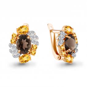 Серьги из золочёного серебра AQUAMARINE А45027135А-п с фианитом, цитрином и кварцем А45027135А-п фото