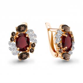 Серьги из золочёного серебра AQUAMARINE А45027136А-п с фианитом, гранатом и кварцем А45027136А-п фото