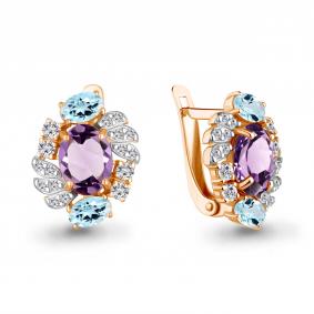 Серьги из золочёного серебра AQUAMARINE А45027177А-п с топазом, фианитом и аметистом А45027177А-п фото