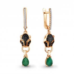 Серьги из золочёного серебра AQUAMARINE А45027709АГЧ-п с фианитом, агатом, гидротермальным изумрудом и ювелирным кристаллом А45027709АГЧ-п фото