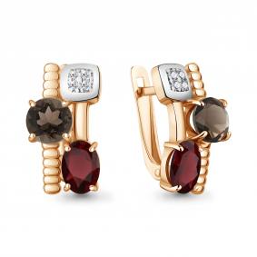 Серьги из золочёного серебра AQUAMARINE А45028136А-пк с фианитом, гранатом и кварцем А45028136А-пк фото